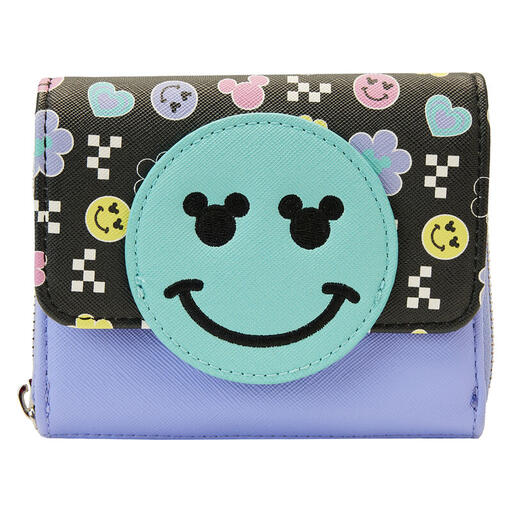 Black, purple, and teal wallet with a teal smiley face in the center, attached to a black flap that has Y2K motifs like smiley faces, hearts, and flowers
